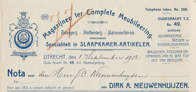 716225 Kop van een nota van Dirk A. Nieuwenhuijzen, Magazijnen ter Complete Meubileering, Oudegracht T.Z. 49 te ...